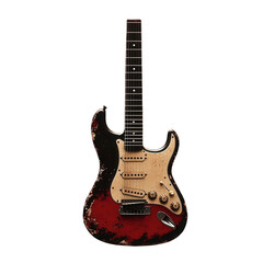 A red and black electric guitar with a distressed finish isolated on transparent background