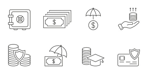 Financial Security And Investment Line Icons Set. Savings, Insurance, And Wealth Management Outline Symbols. Safe, Money, Umbrella, Coins, Credit Card. Editable Stroke. Isolated Vector Illustration