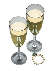 Champagne glasses and wedding rings on transparent background. 3D illustration