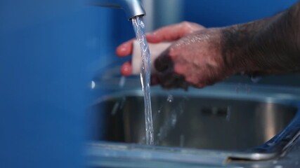  A close-up shot shows a person in medical attire washing their hands with soap and running water in a stainless steel sink. This demonstrates proper hygiene 