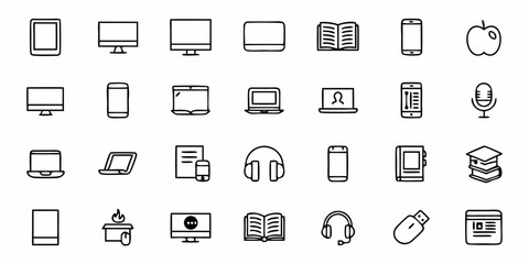 Collection of modern technology icons, perfect for web design, digital interfaces, and app development, showcasing communication, learning, and innovation