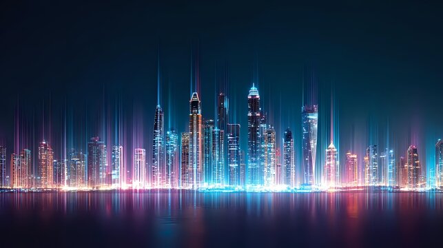 Radiant skyscrapers glowing with neon energy lines and central luminous text GITEX Global