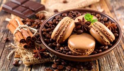 An arrangement of macarons, spices, chocolate, and coffee beans on a wooden surface