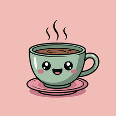 Vector art of adorable coffee cup cartoon character with steam rising, sitting on a saucer, smiling with big eyes, perfect for a cafe logo or a cute sticker design on a light pink background