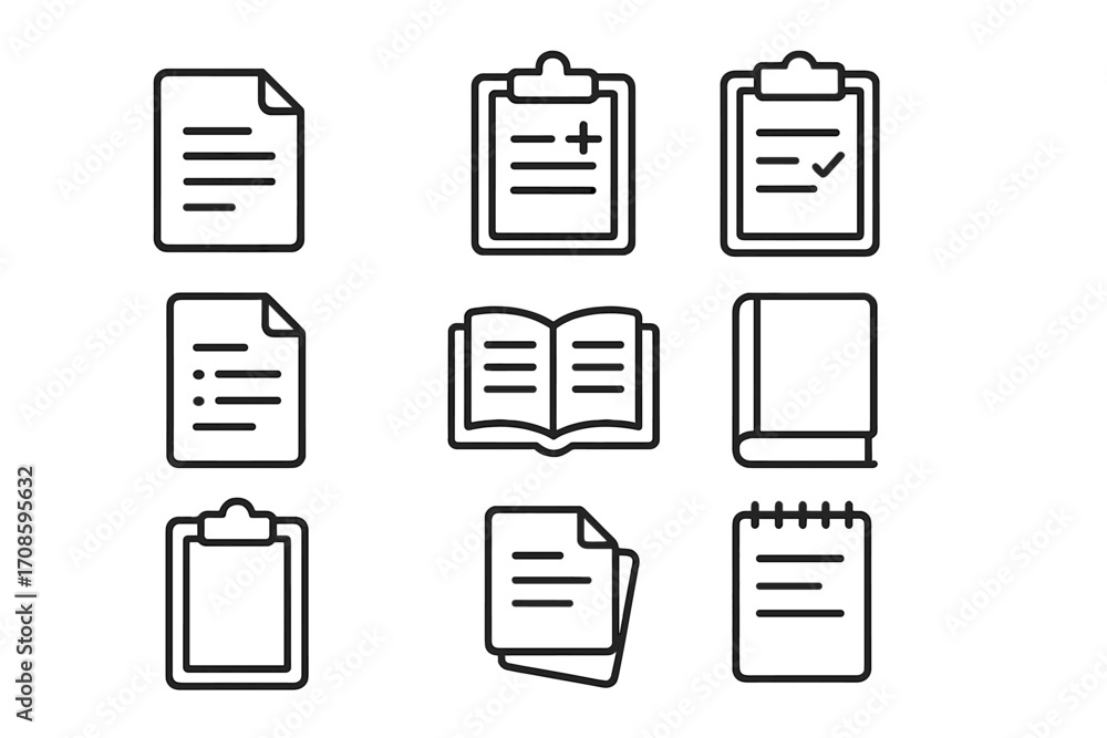 Aufkleber document and clipboard line icon set. vector symbols for report, checklist, and form. editable strok
