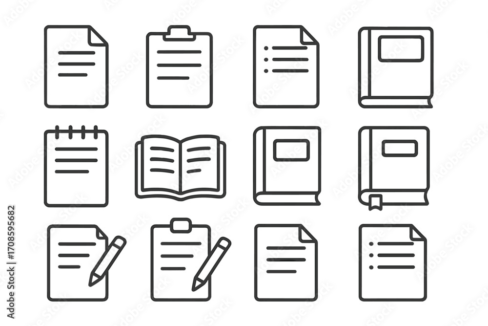 Poster document and book line icon set. vector icons for web and apps. includes clipboard, list, report, no