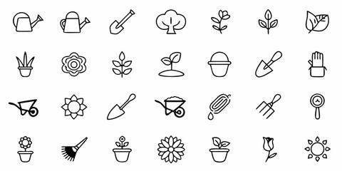 Charming garden icons with tools, plants, and flowers ready for design, perfect for gardening, landscaping, and springtime projects with delightful details.