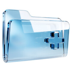 3D Model of Blue Glass New Folder Icon, Add Directory Symbol, Transparent Design, Cristal Plus Sign, Create Folder, File Organization