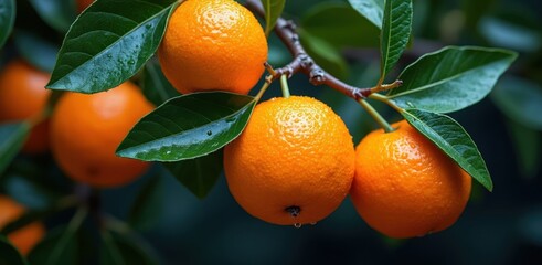 Ripe oranges hanging on a branch with green leaves