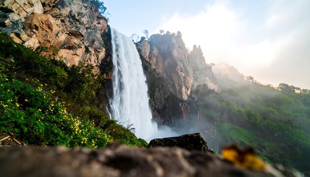 Majestic waterfall cascading down rocky cliffs, lush vegetation surrounds the base - Powered by Adobe