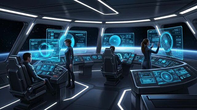 Futuristic Spaceship Bridge Crew Operating Advanced Technology - A digital illustration depicts a spaceship bridge with four crew members interacting with holographic displays and advanced control