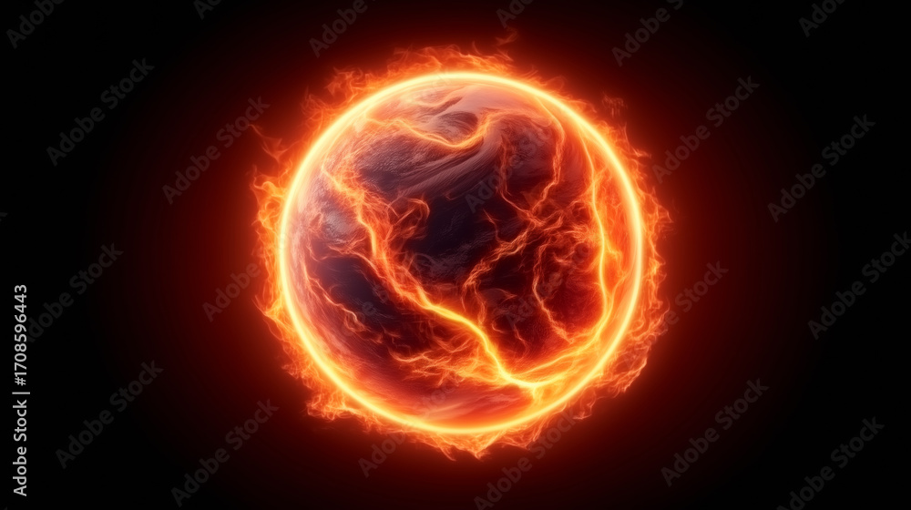 Poster a planet surrounded by intense flames and electric currents floats in the dark void of space. the gl