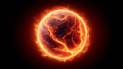 Fototapeta premium A planet surrounded by intense flames and electric currents floats in the dark void of space. The glowing energy creates a striking contrast against the deep black backdrop