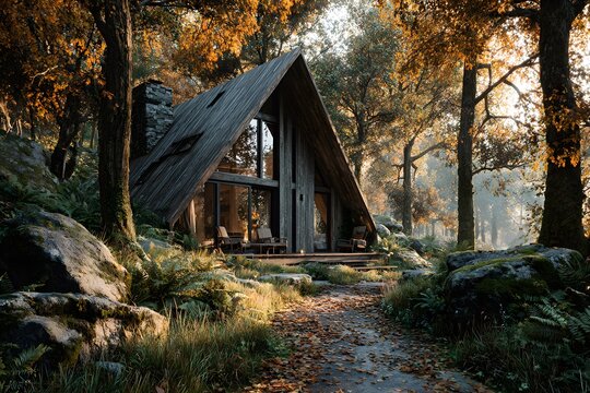 A-frame wooden cabin in autumn forest - Powered by Adobe