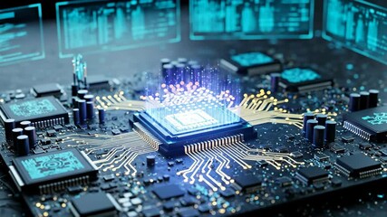 Futuristic CPU Processing Data - Close-up view of a central processing unit (CPU) on a circuit board, with glowing data streams emanating from it and digital screens in the background. - Powered by Adobe