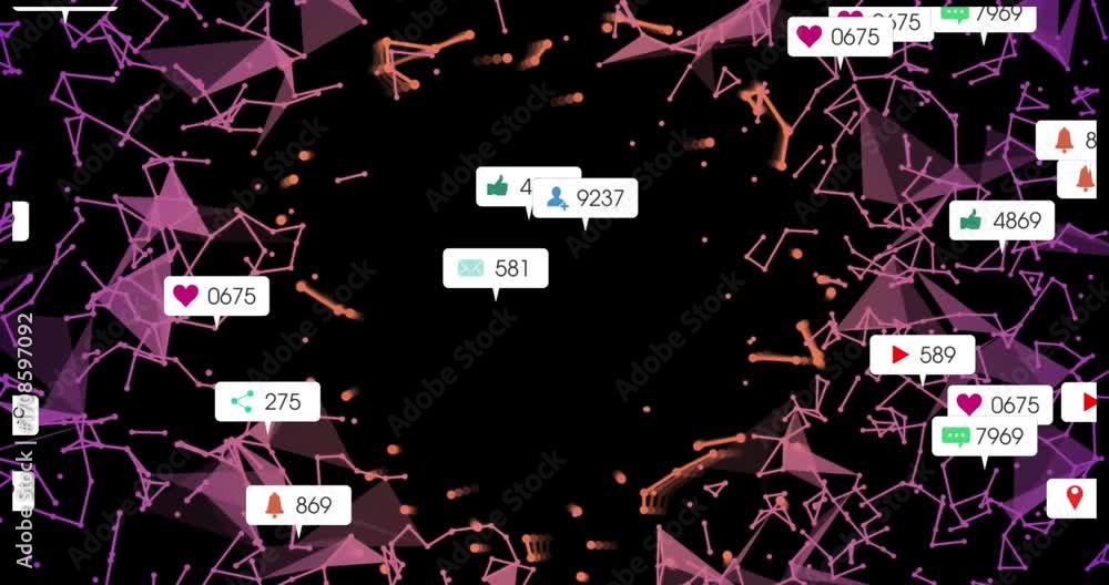 Poster polygonal network glowing and sending notification icons toward void, showing rising social metrics