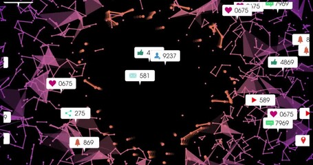 Polygonal network glowing and sending notification icons toward void, showing rising social metrics - Powered by Adobe