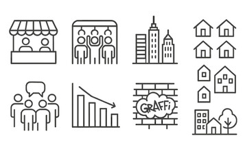 Obraz premium Urban Anthropology Icons. Line style icons of urban anthropology: street market icon, public transport crowd, city skyline,