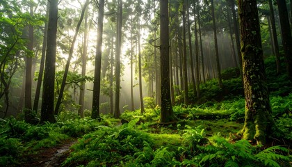 Naklejka premium Lush forest bathed in sunlight