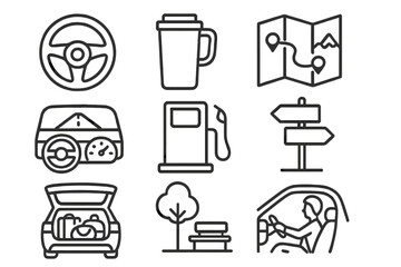 Solo Road Trip Icons. Line style icons of solo road trip: steering wheel icon, travel mug, scenic route map, dashboard view, gas