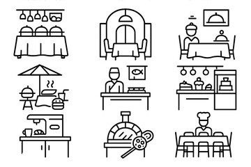 Cruise Ship Dining Icons. Line style icons of cruise ship dining venues: buffet area, main dining hall, specialty restaurant,