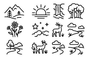 Nature Icons Collection. Line style icons of scenic moments: mountain view, sunrise, waterfall, wildflowers, starry sky, forest