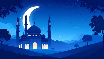 Vector illustration of a mosque in blue tones, set against a crescent moon and night sky