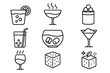 Molecular Drink Icons. Line style icons of molecular beverage concepts: carbonated juice, smoke-infused cocktail, gel shot, flavor
