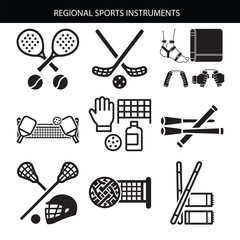 Kabaddi gear (ankle guards, mats, grips), Sepak takraw balls & nets, Kho-Kho sticks & mats, Gilli danda set, Lacrosse sticks, helmets, balls, Jai Alai cesta & pelota, Padel rackets