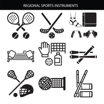 Kabaddi gear (ankle guards, mats, grips), Sepak takraw balls & nets, Kho-Kho sticks & mats, Gilli danda set, Lacrosse sticks, helmets, balls, Jai Alai cesta & pelota, Padel rackets