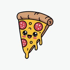 Vector art of delightful pizza slice cartoon character with a cheerful face and melting cheese, perfect for stickers, prints, or social media posts, set against a clean, emphasizing its fun and appeti