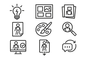 Art Process Icons. Line style icons of art process icons: brainstorm bulb, mood board, thumbnail sketch, base sketch, paint
