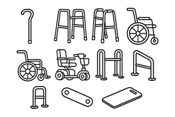 Geriatric Mobility Icons. Line style icons of geriatric mobility aids: walking cane, standard walker, rollator walker, wheelchair,