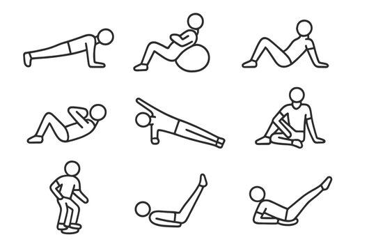 Core Exercise Icons. Line style icons of core strengthening: plank pose, stability ball, bridge hold, abdominal crunch, side plank
