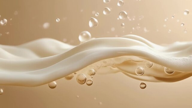 Abstract wave of smooth creamy cosmetic liquid with splashing droplets and bubbles on a soft beige background, representing purity and hydration