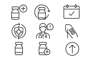 Booster Dose Icons. Line style icons of booster dose concepts: extra dose icon, updated vial, booster calendar, immunity refresh,
