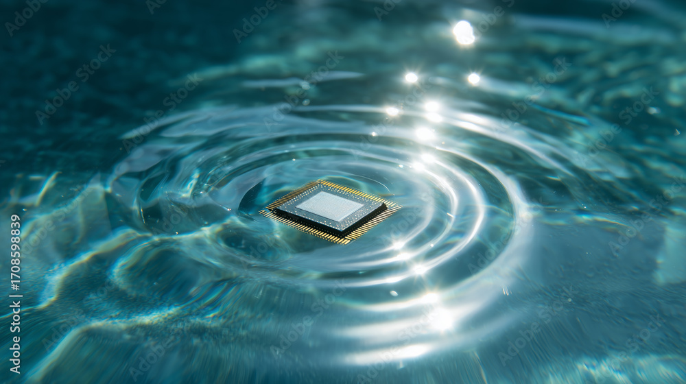 Poster a microchip rests gently on the calm surface of clear water, causing soft ripples to expand outward