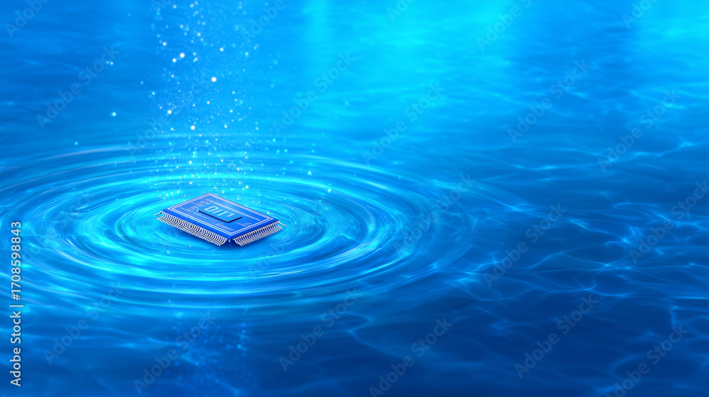 Poster a computer chip gently floats on the surface of clear blue water, creating ripples around it. the sc