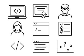 Coding Bootcamp Essentials Icons. Line style icons of coding bootcamp essentials: laptop with code, bootcamp certificate, coding