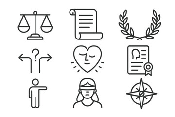 Ethical Theories Icons. Line style icons of ethical theories: utilitarian scale, deontology scroll, virtue ethics laurel, moral