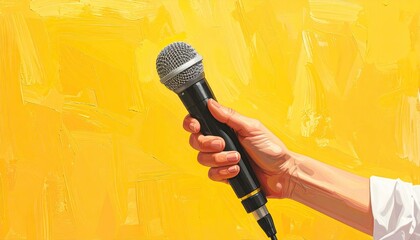 Close Up of Hand Holding a Microphone Against a Bright Yellow Textured Background with Visible Pixelation and Brush Strokes