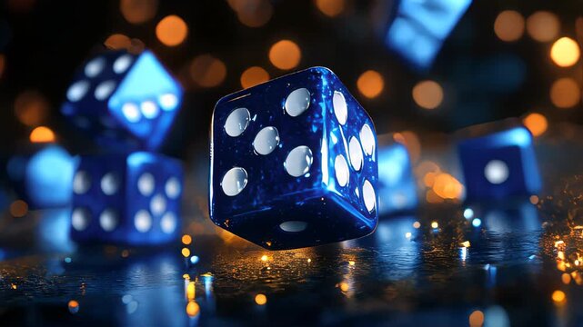 video of Blue dice on black background. Gambling concept. Casino