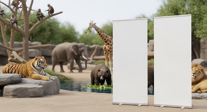 Zoo Animal Exhibit Scene with Lions Tigers Giraffe Elephant and Monkeys Featuring Natural Setting and Wildlife