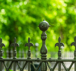 Decorative wrought iron fence with finials.