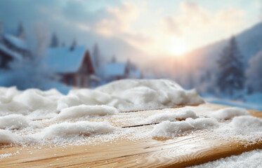 Snowy mountain landscape in the heart of winter, with tree-covered slopes and frosty pine forests under a bright winter sky. Empty wooden surface snow-covered space perfect for product placement.