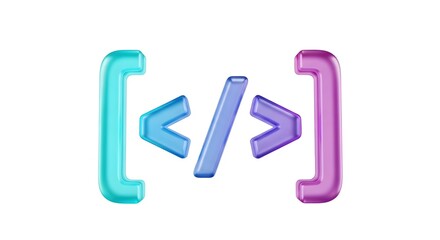 3d rendering of coding symbols, including angle brackets and a forward slash, enclosed within square brackets, isolated on white background