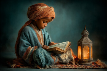 Fototapeta premium Young child reading a book by a lit lantern in dark setting, concept of Ramadan 