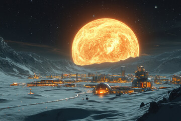 Large yellow moon over snowy town.