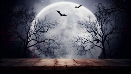 Old wood table and silhouette dead tree at night for Halloween background.