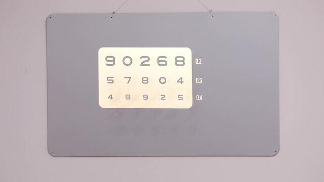 A close-up shot shows a gray eye chart with a white rectangular section displaying rows of numbers. The numbers decrease in size and increase in quantity per row.